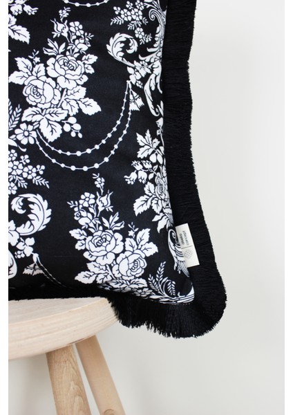 Siyah Püsküllü, Damask Desen, Dekoratif 43X43CM Kare Kırlent Kılıfı