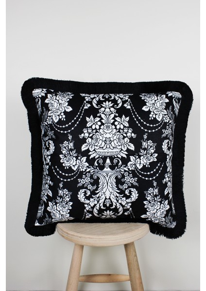 Siyah Püsküllü, Damask Desen, Dekoratif 43X43CM Kare Kırlent Kılıfı