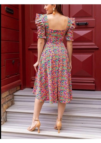 Desenli Kol Pileli Volanlı Elbise modelleri