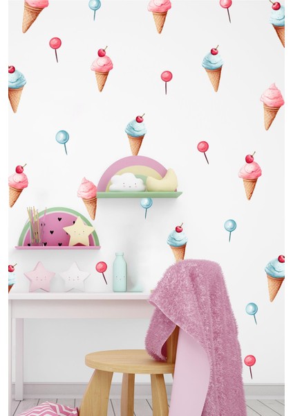 Dondurmalar ve Lolipoplar Sticker Seti, Suluboya Renklerinde Dondurma ve Şekerler Duvar Dekorasyon