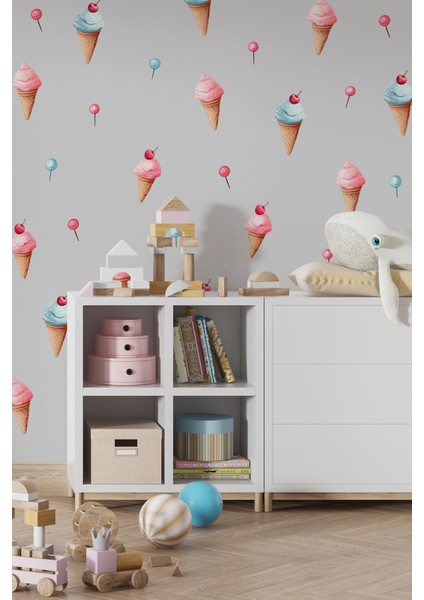 Dondurmalar ve Lolipoplar Sticker Seti, Suluboya Renklerinde Dondurma ve Şekerler Duvar Dekorasyon fiyatları