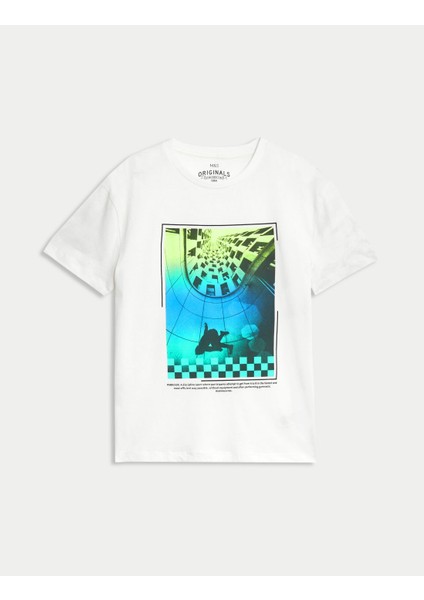 Saf Pamuklu Kısa Kollu Desenli T-Shirt