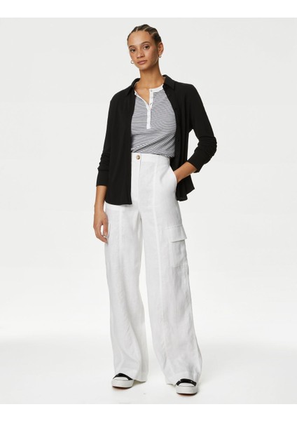 Normal Bel Saf Keten Kargo Pantolon