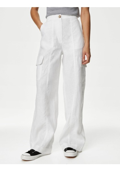 Normal Bel Saf Keten Kargo Pantolon