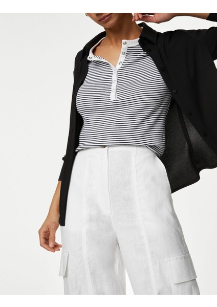 Normal Bel Saf Keten Kargo Pantolon