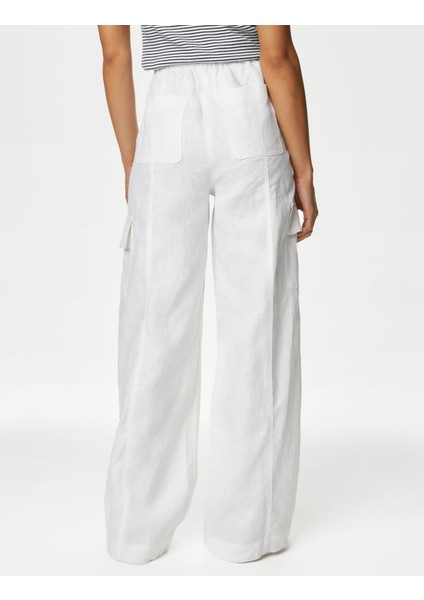 Normal Bel Saf Keten Kargo Pantolon