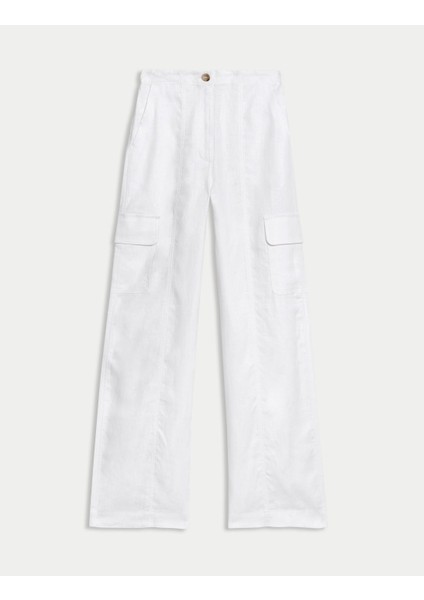Normal Bel Saf Keten Kargo Pantolon
