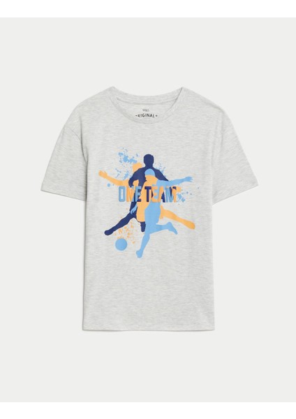 Saf Pamuklu Futbol Temalı Kısa Kollu T-Shirt