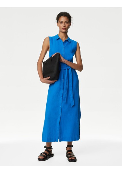 Regular Fit Midi Keten Elbise