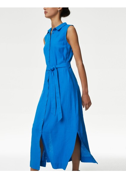 Regular Fit Midi Keten Elbise