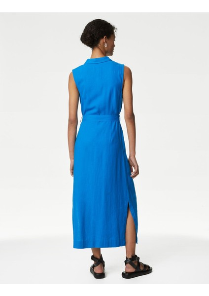 Regular Fit Midi Keten Elbise