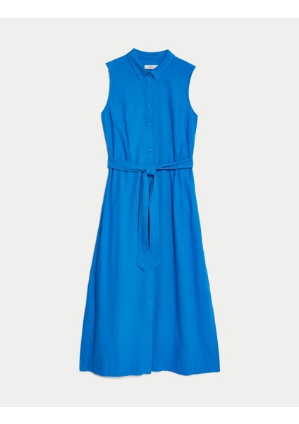 Regular Fit Midi Keten Elbise