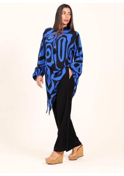 Kadın Saks Mavi Siyah Desenli Balon Kol Püskül Bağcıklı Cepli Tunik Pantolon Ikili Takım indirimleri