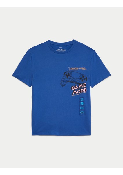 Saf Pamuklu Oyun Temalı Kısa Kollu T-Shirt