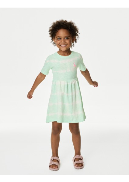 Saf Pamuklu Flamingo Desenli Elbise (2-7 Yaş)