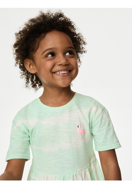 Saf Pamuklu Flamingo Desenli Elbise (2-7 Yaş) fiyatları
