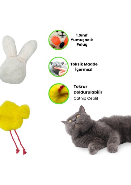 Sevimli Dostlar Kedi Oyuncak Seti Catnipli Peluş Civciv ve Sesli Peluş Tavşan Kedi Oyuncakları