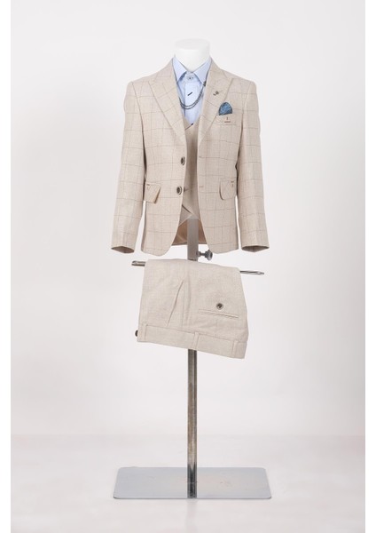 Kareli Erkek Çocuk Takım Elbise Slim Fit Poliviskon Kumaş 3 Parça Model