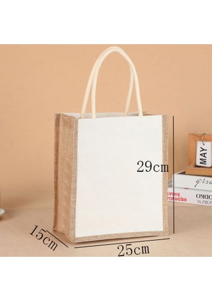 WHITE-29X25X15CM Moda Çuval Bezi Bez Çantalar Boş Jüt Plaj Alışveriş Çantası Vintage Yeniden Kullanılabilir Hediye Çanta Saplı Taşınabilir Kadın Alışveriş Çantası (Yurt Dışından)
