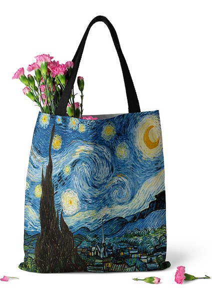 Style2 Hiçbir Fermuar Yeni Kadın Kanvas Alışveriş Çantası Yüksek Kaliteli Tote Fermuarlı Çanta Van Gogh Büyük Kapasiteli Omuz Çantaları Moda Eko Alışveriş Çantaları (Yurt Dışından) fırsatları
