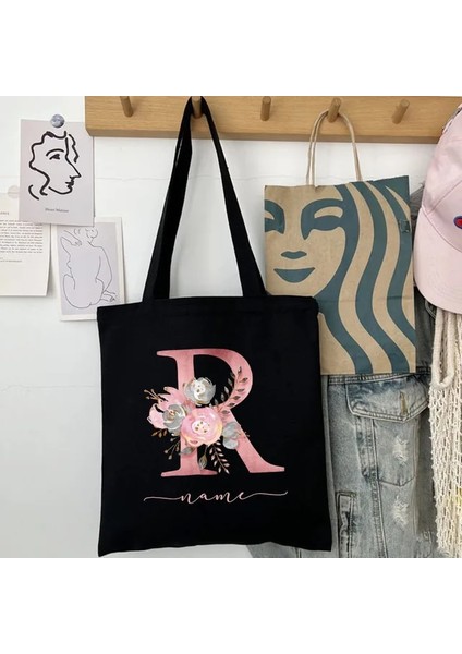 D1NEPINR Kişiselleştirilmiş Isim Çanta Kadın Omuz Çantası Pembe Çiçek Mektup Çanta Bayanlar Casual Tote Çanta Büyük Kapasiteli Yeniden Kullanılabilir Alışveriş Çantası (Yurt Dışından)