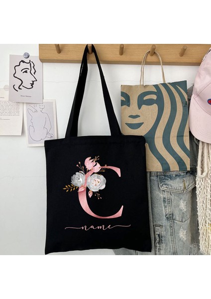 D1NEPINR Kişiselleştirilmiş Isim Çanta Kadın Omuz Çantası Pembe Çiçek Mektup Çanta Bayanlar Casual Tote Çanta Büyük Kapasiteli Yeniden Kullanılabilir Alışveriş Çantası (Yurt Dışından)