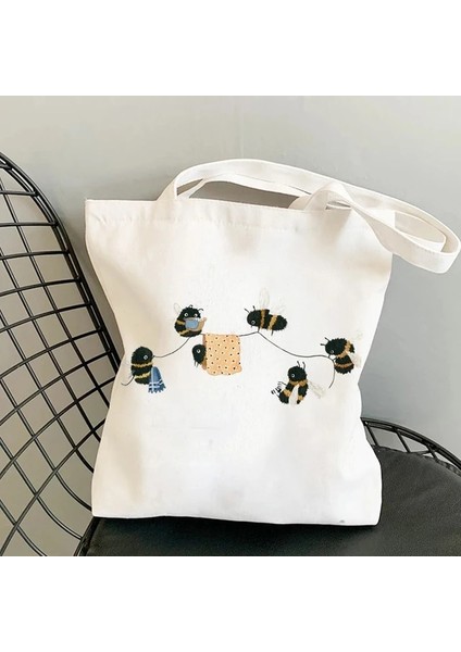 15 Bir Boyut Kanvas Tote Çanta Alışveriş Çantası Kadın Çanta Tasarımcısı 2021 Kız Moda Rahat Büyük Kapasiteli Sevimli Arı Baskı Omuz Çantaları (Yurt Dışından)