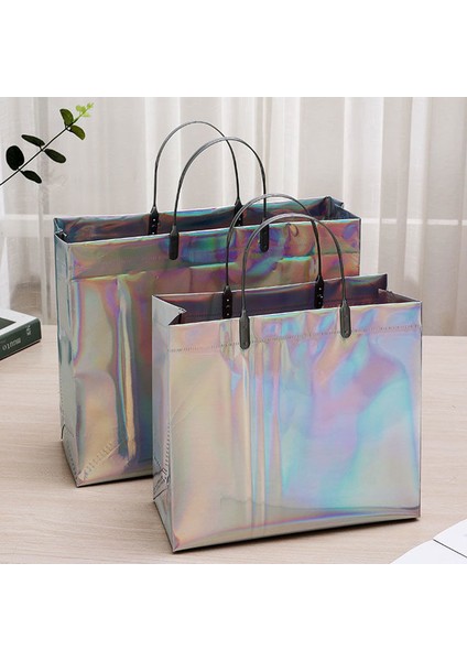 42X33X12CM Pvc Lazer Alışveriş Çantası Snap Düğmesi ile Yeniden Kullanılabilir Kadın Alışveriş Çantası Saklama Torbaları Kadın Su Geçirmez Kalın Çanta Tote Eko Çanta (Yurt Dışından)