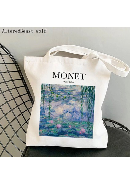 B2960 Kadın Omuz Çantası Monet Nilüferler Kawaii Çanta Harajuku Alışveriş Kanvas Alışveriş Çantası Kız Çanta Tote Shopper Bayan Çantası (Yurt Dışından)