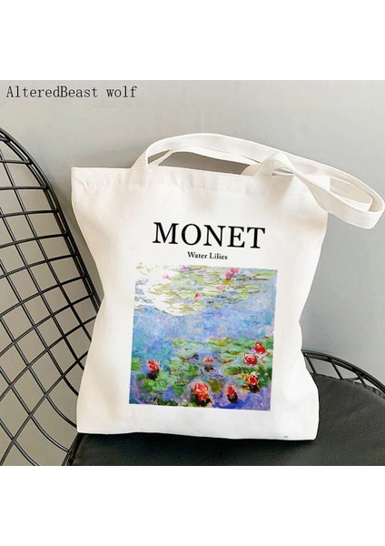 B2960 Kadın Omuz Çantası Monet Nilüferler Kawaii Çanta Harajuku Alışveriş Kanvas Alışveriş Çantası Kız Çanta Tote Shopper Bayan Çantası (Yurt Dışından)
