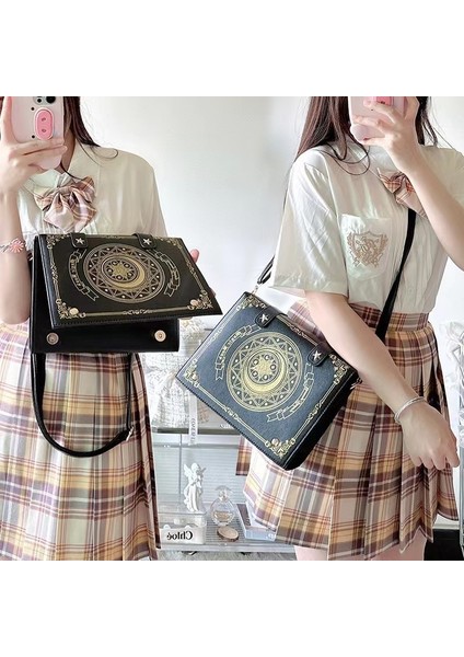 Bej Ay Sihirli Kitap Lolita Çanta Kadın Japonya Gotik Deri Jk Kawaii Omuz Çantaları Çanta Bayan Vintage Siyah Mini Sırt Çantası Estetik (Yurt Dışından) fırsatları