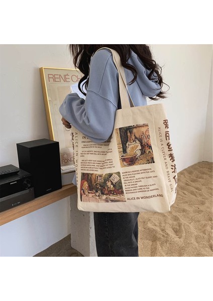 F-Fermuarlı Kadın Kanvas Omuz Çantası Alice Harikalar Diyarında Alışveriş Çantaları Öğrenciler Kitap Çantası Pamuklu Bez Çanta Bez Çantalar Kızlar Için Bolsos (Yurt Dışından) fiyatları