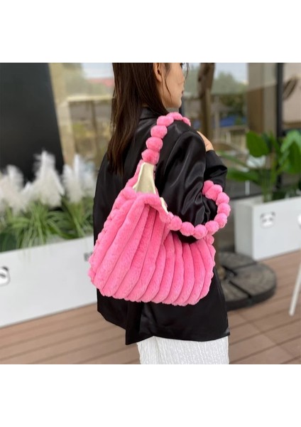 Gül Kırmızı Kadın Peluş Kare Koltuk Altı Çanta Sonbahar ve Kış Kürklü Moda Omuz Çantası Büyük Kapasiteli Alışveriş Çantası Düz Renk Kabarık Çanta (Yurt Dışından)