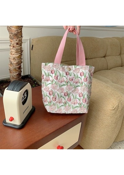 Lale Tozu 10X25X20 cm Kore Tarzı Sevimli Çiçek Kanvas Küçük Alışveriş Çantası Kadın Kadın Kız Çanta Öğle Yemeği Çantaları Alışveriş Bezi El Çantası Çanta (Yurt Dışından)
