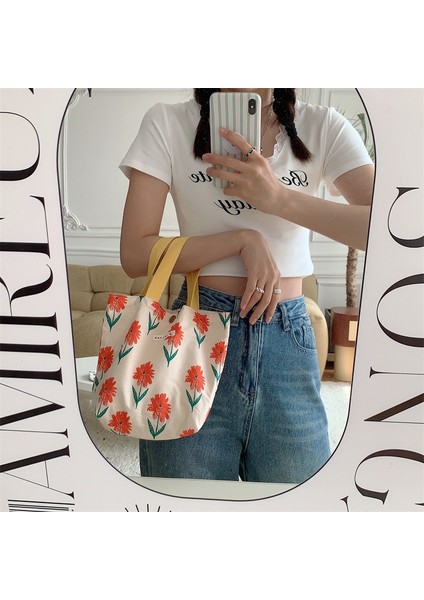 Lale Tozu 10X25X20 cm Kore Tarzı Sevimli Çiçek Kanvas Küçük Alışveriş Çantası Kadın Kadın Kız Çanta Öğle Yemeği Çantaları Alışveriş Bezi El Çantası Çanta (Yurt Dışından) fırsatları