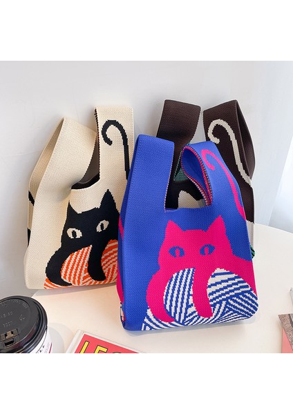 K Retro Kontrast Renk Kedi Düğüm Bilek Çanta El Yapımı Örgü Çanta Mini Taşınabilir Japon Rahat Tote Çanta Yeniden Kullanılabilir Alışveriş Çantaları (Yurt Dışından) indirimleri