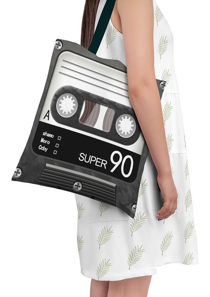 Style4 33X36 cm Yeni Moda Kaset Müzik Bant Kanvas Çanta Retro Sanat Eğlenceli Erkek Kadın Bez Çantalar Eğlence Seyahat Alışveriş Büyük Kapasiteli Plaj Çantaları (Yurt Dışından) indirimleri