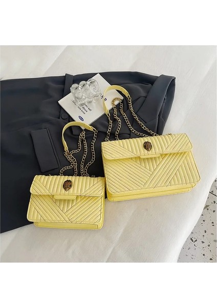 Sarı 27X17X8CM Kadın Crossbody Çanta 2023 Yumuşak Deri Kadın Çantası Metal Kuş Kafası Dekorasyon Toka Doku Küçük Kare Çanta Zincir Omuz Çantası (Yurt Dışından)
