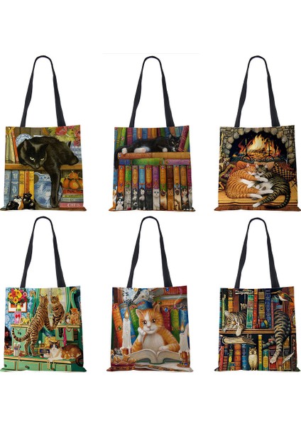 Stil 2 Özelleştirmek Yağlıboya Kedi Baskı Bayan Tasarımcı Bez Çantalar Keten Yeniden Kullanılabilir Alışveriş Çantası Bakkaliye Omuz Çantaları Bayan Için (Yurt Dışından) fiyatları