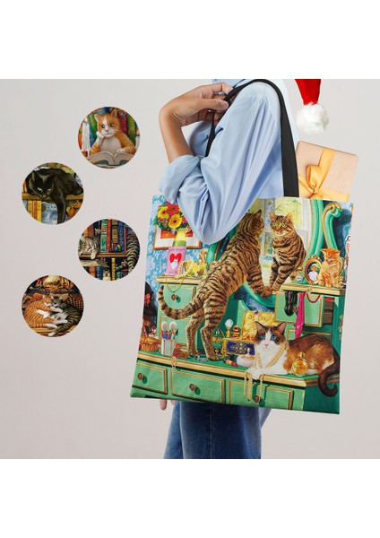 Stil 2 Özelleştirmek Yağlıboya Kedi Baskı Bayan Tasarımcı Bez Çantalar Keten Yeniden Kullanılabilir Alışveriş Çantası Bakkaliye Omuz Çantaları Bayan Için (Yurt Dışından) modelleri
