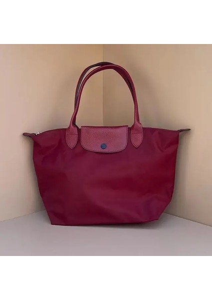 Şarap Kırmızısı L Fransız Moda Hamur Topuzu Naylon Omuz Çantası Büyük Kapasiteli Katlanır Büyük, Orta ve Küçük Alışveriş Çok Yönlü Tote Çanta (Yurt Dışından)