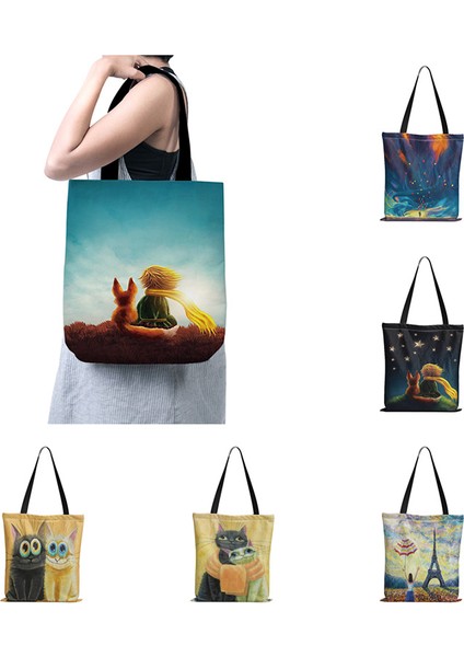 SB24-8 40X40CM 15.8X15.8IN Karikatür Küçük Prens Kadın Kanvas Alışveriş Çantası Saplı Komik Eko Katlanabilir Yeniden Kullanılabilir Tote Çanta Kitap Anahtar Telefon Alışveriş Çantası (Yurt Dışından) fırsatları