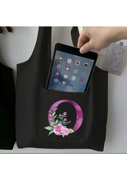 7purplebo Kadın Siyah Alışveriş Çantası Rahat Büyük Kapasiteli Mor Mektup Ilk Adı Desen Baskılı Kanvas Omuz Çantası Yeniden Kullanılabilir (Yurt Dışından)