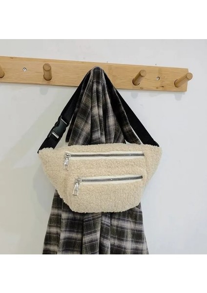 Bej Peluş Kadın Bel Çantası Düz Renk Kemer Çanta Omuz Crossbody Göğüs Çanta Marka Tasarımcısı Kadın Fanny Paketi Muz Kalça Çanta (Yurt Dışından)