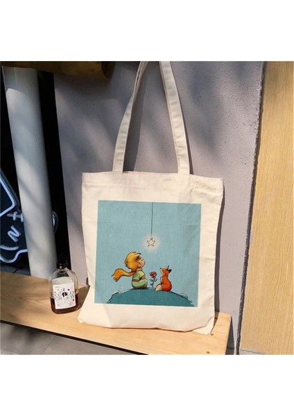 22 Bir Boyut Moda Trendi Karikatür Baskı Kanvas Tote Çanta Kore Alışveriş Çantası Bayanlar Günlük Çok Yönlü Omuz Çantası Küçük Prens Desen Çanta (Yurt Dışından)