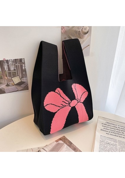 Siyah Pembe Moda El Yapımı Örgü Çanta Kadın Mini Düğüm Bilek Çantası Tote Çanta Kore Rahat Renk Çizgili Öğrenci Yeniden Kullanılabilir Alışveriş Çantaları (Yurt Dışından)