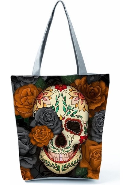 HL6664 Kafatası Çanta Kadın Omuz Çantası Alışveriş Çantası Çanta Kadın Tote Çanta Cadılar Bayramı Kafatası Yeni Moda Ölülerin Günü Çiçek Kafatası Baskı (Yurt Dışından)