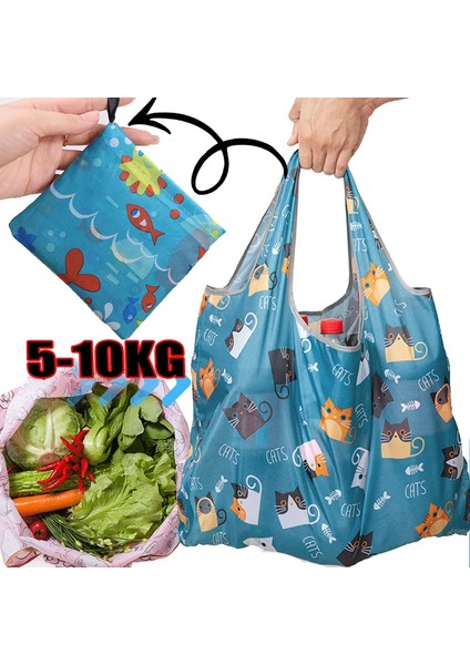 Eşkenar Dörtgen Kafes Katlanabilir Alışveriş Çantası Yeniden Kullanılabilir Seyahat Bakkal Çantası Çevre Dostu Sevimli Hayvan Bitki Baskı Taşınabilir Süpermarket Alışveriş Çantası (Yurt Dışından)
