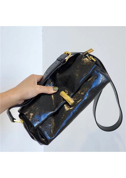 Siyah Küçük Sığır Derisi Çanta 2024 Bahar Gerçek Deri Moda Stil Küçük Crossbody Çanta Çok Yönlü Yağ Balmumu Deri Tek Omuz Kadın Koltuk Altı Çantası (Yurt Dışından)