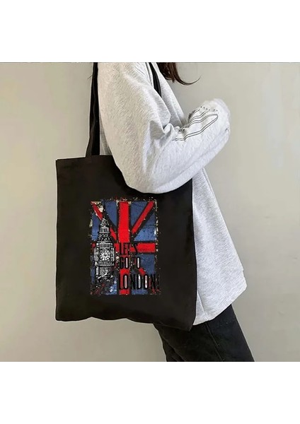 B 42 35X40CM Londra Köprüsü Big Ben Ingiltere Bayrağı Haritası Omuz Alışveriş Kanvas Tote Çanta Manzara Skyline Birleşik Krallık Ingiliz Kadın Çanta (Yurt Dışından)
